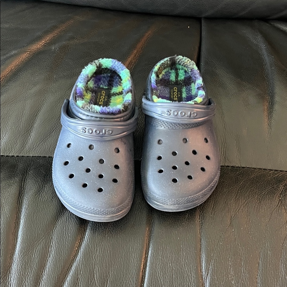 CROCS Kids Navy Blue Clog with Colorful Plaid Lining